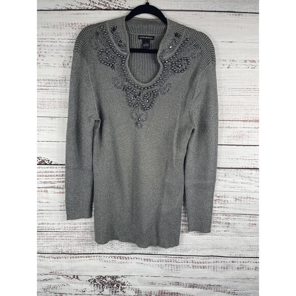 Lauren Michelle Sweaters - Lauren Michelle Sweater Women's SZ L Silver Metallic Beaded Pullover Long Sleeve